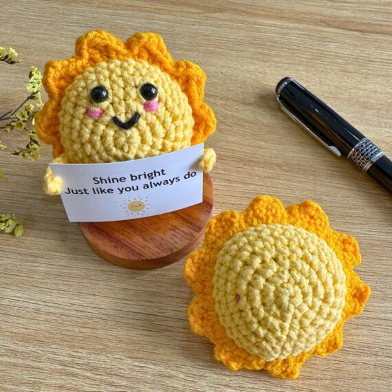 Crochet Sunshine Plush with Positive Message, Tiny Emotional Support Sun, Handmade Desk Buddy Gift