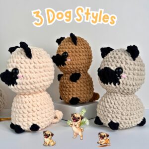 Pug Crochet Pattern Bundle 3 in 1, No Sew Dog Amigurumi PDF, Beginner Friendly