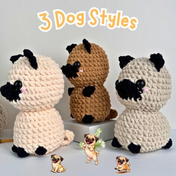 Pug Crochet Pattern Bundle 3 in 1, No Sew Dog Amigurumi PDF, Beginner Friendly